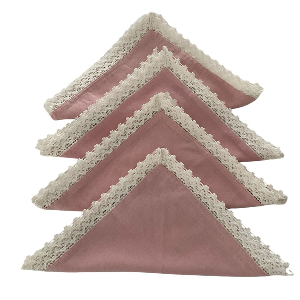 PIER 1 Table Napkins (4) Pink Trimmed Lace Cotton 21” Square NWOT
